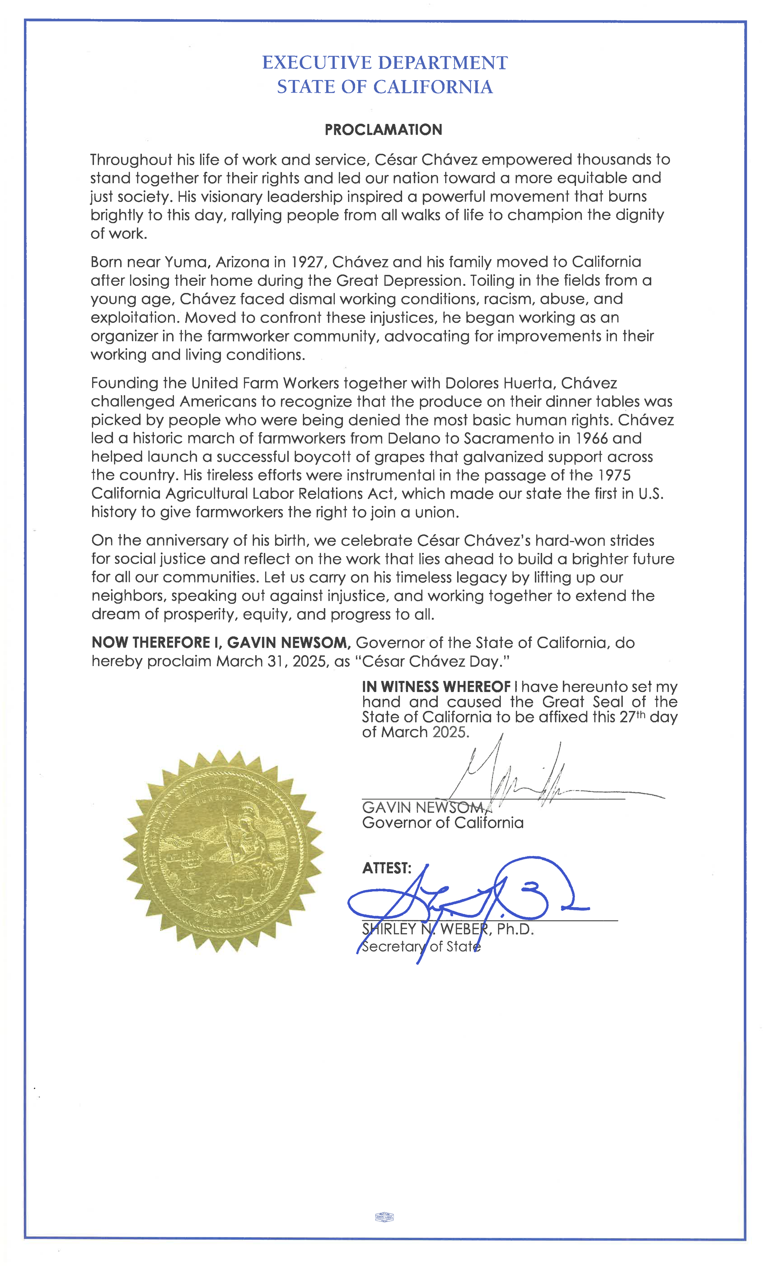 Official César Chávez proclamation • Photo Credit: State of California